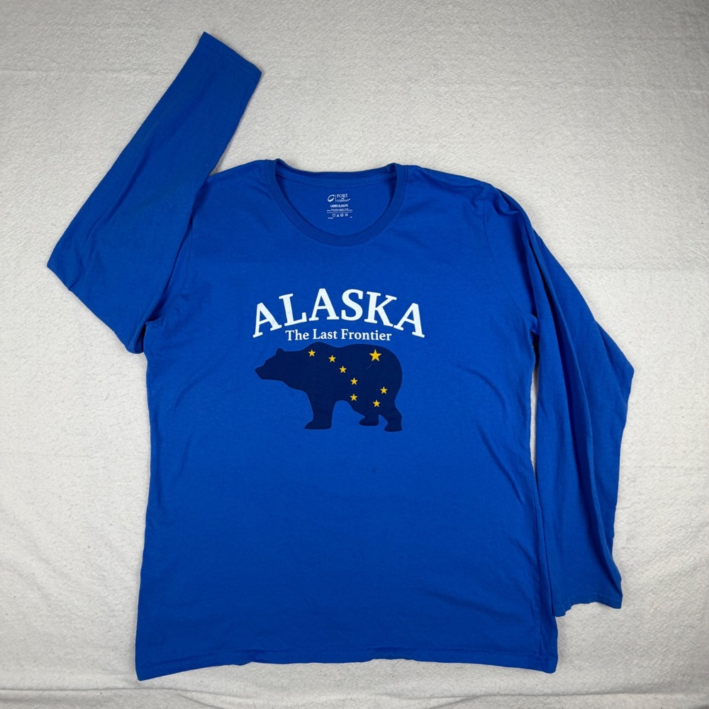 Port and Company Alaska The Last Frontier Bear Graphic Long Sleeve Tee Blue XL